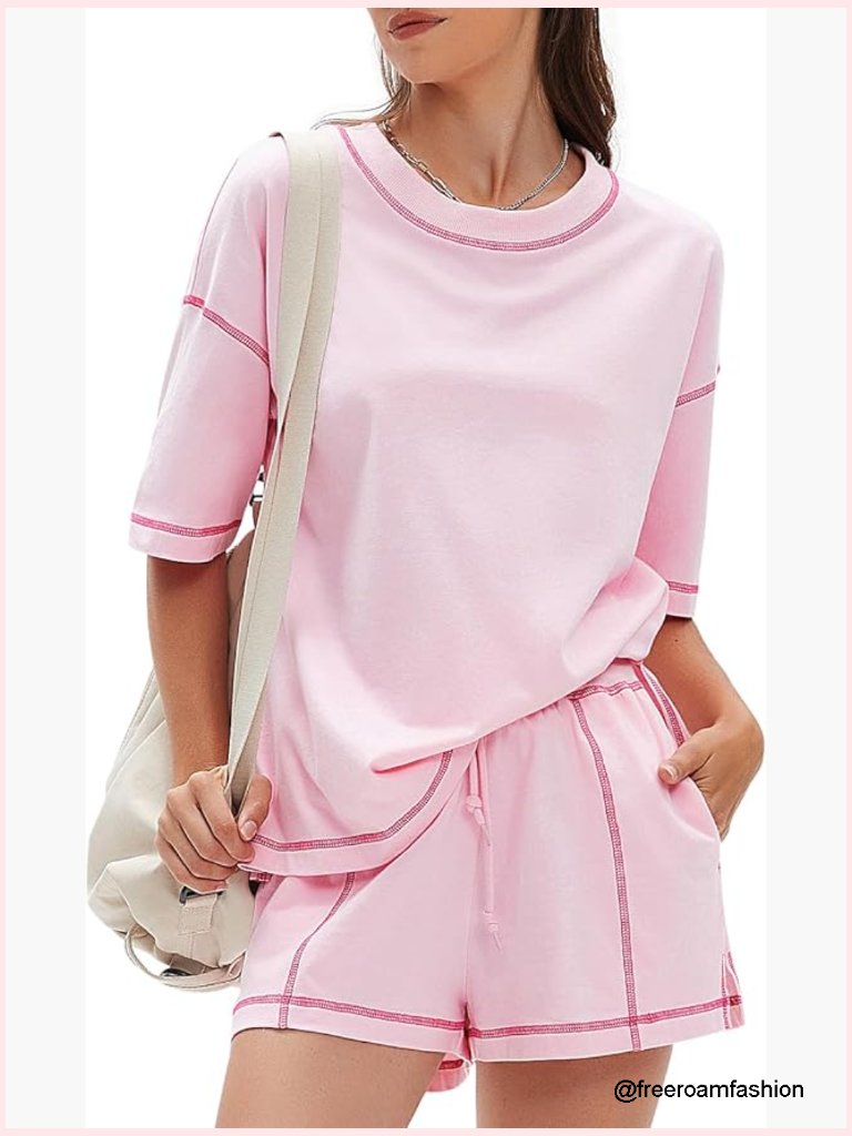 Women's 2 Piece Short Sleeve Tee & Shorts Lounge Set 100% Cotton